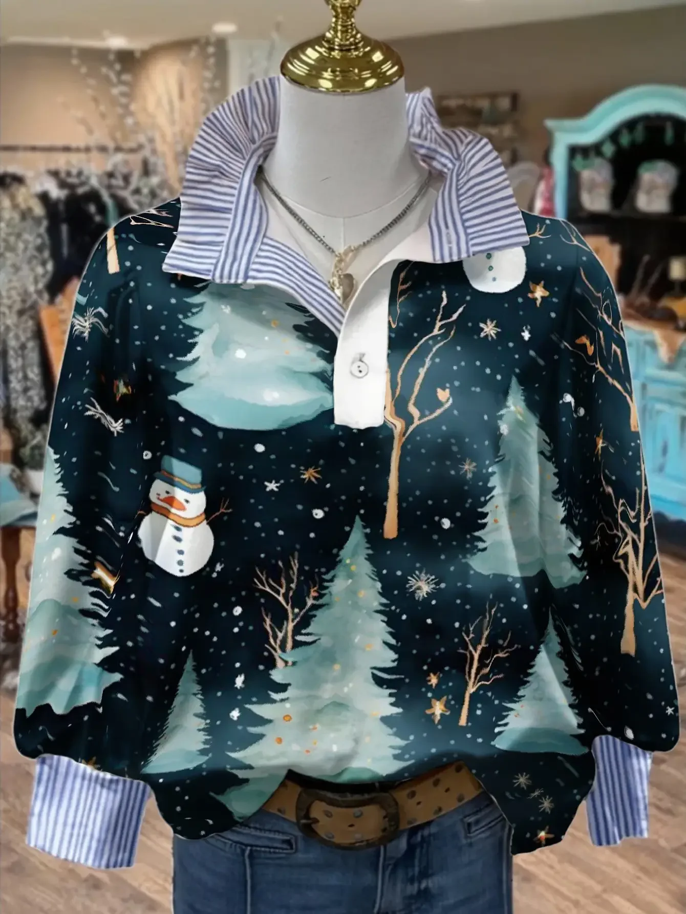 Ladies' Large Christmas Printed Stand up Collar Shirt (S-2XL) - Long Sleeve Style,