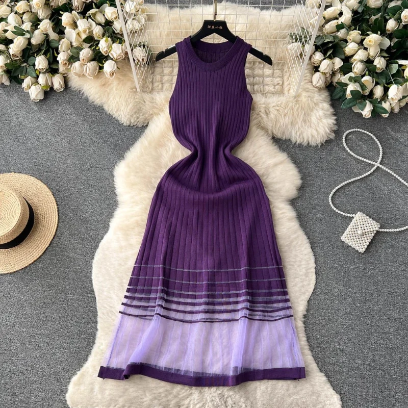 Fashion Patchwork Knitted Long Sundress Women Sleeveless Mesh Elastic Bodycon Dress Streetwear A Line Midi Dress Fashion New