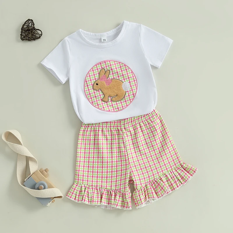 Adorabile completo pasquale per bambina con top a maniche corte ricamato coniglietto e pantaloncini scozzesi con volant - Set estivo da 2 pezzi