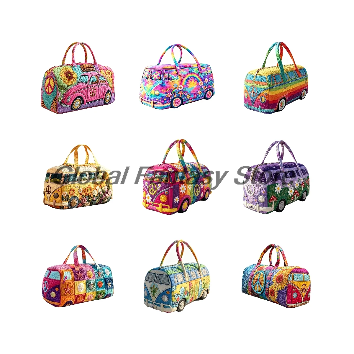 

2026 Hippie Van Quilted Duffle Bag Peace Sign Print Travel Tote Road Trips Handbag Women Men Outdoor Weekender Bag