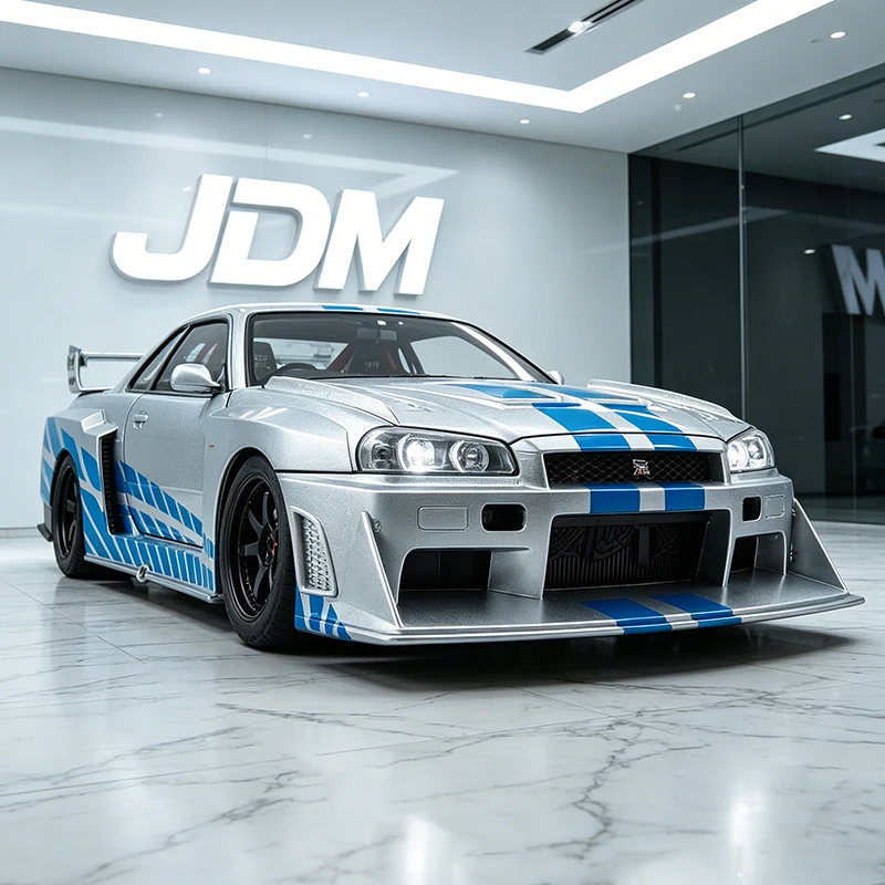 NEU 1:24 GTR R34 Skylin LBWK JDM Legierung-Automodell mit Sound und Licht, Rückzieh-Automodell, Sammlerstück, Geburtstagsgeschenk