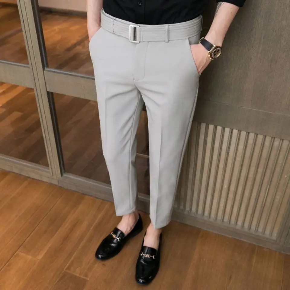 Slim Fit Gray Men\'s Summer Pants Tressed with Belt Elegant Formal Spring Clothes Male Suit Trousers Tailoring Stylish Offer 2024