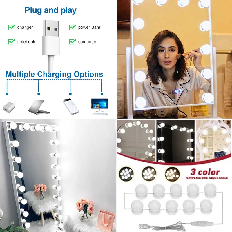 LED Detachable Bulbs Professional Makeup Mirror Lamp USB Power Cosmetic Mirror Light Hollywood Dressing Table LED Vanity Lights