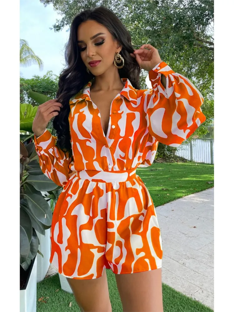 Bohemian Casual Beach Holiday Loose Shirt Short Sets Geometric Print Two Piece Set For Women Summer Outfits For Women 2024