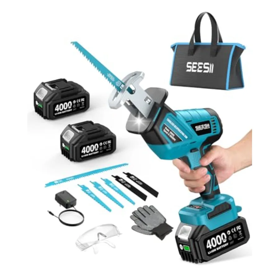 

Reciprocating Saw Cordless Variable Speed 3500 RPM Brushless Motor with 6 Saw Blades 2 x 4.0Ah Batteries LED Light Tool‑Free Bl