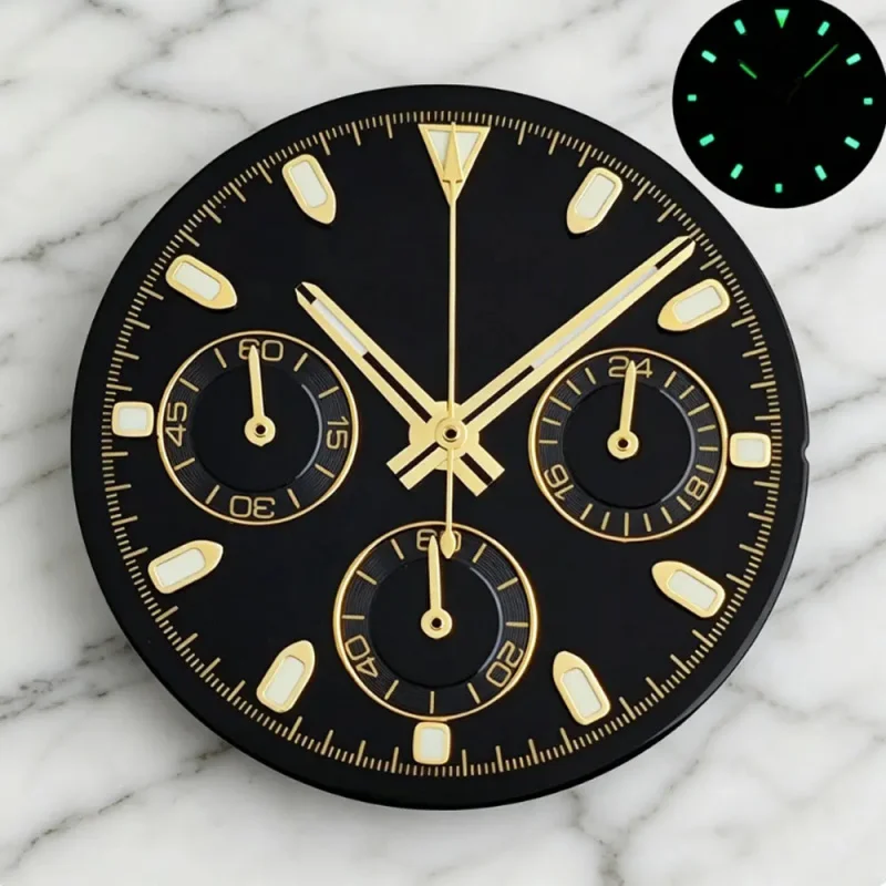 Chronograph 29.5mm Daytona watch dial hands white panda suitable for VK63 quartz movement assembly part C3 lumiouns view 5