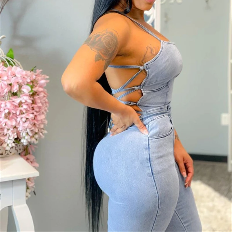 

Slim Sexy Back Lace Up Bandage Backless Cotton Jeans Jumpsuit Women 2024 Handless Denim Overall Playsuit Elegance Woman Ladies