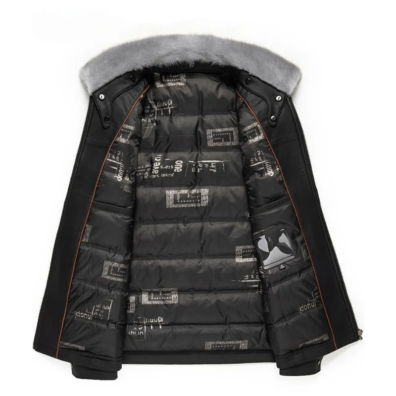 2023 Winter New Men Down Jacket Detachable Ferret Fur Collar Sheep Leather Jacket Fashion Large Size Lapel Plus Velvet Outwear