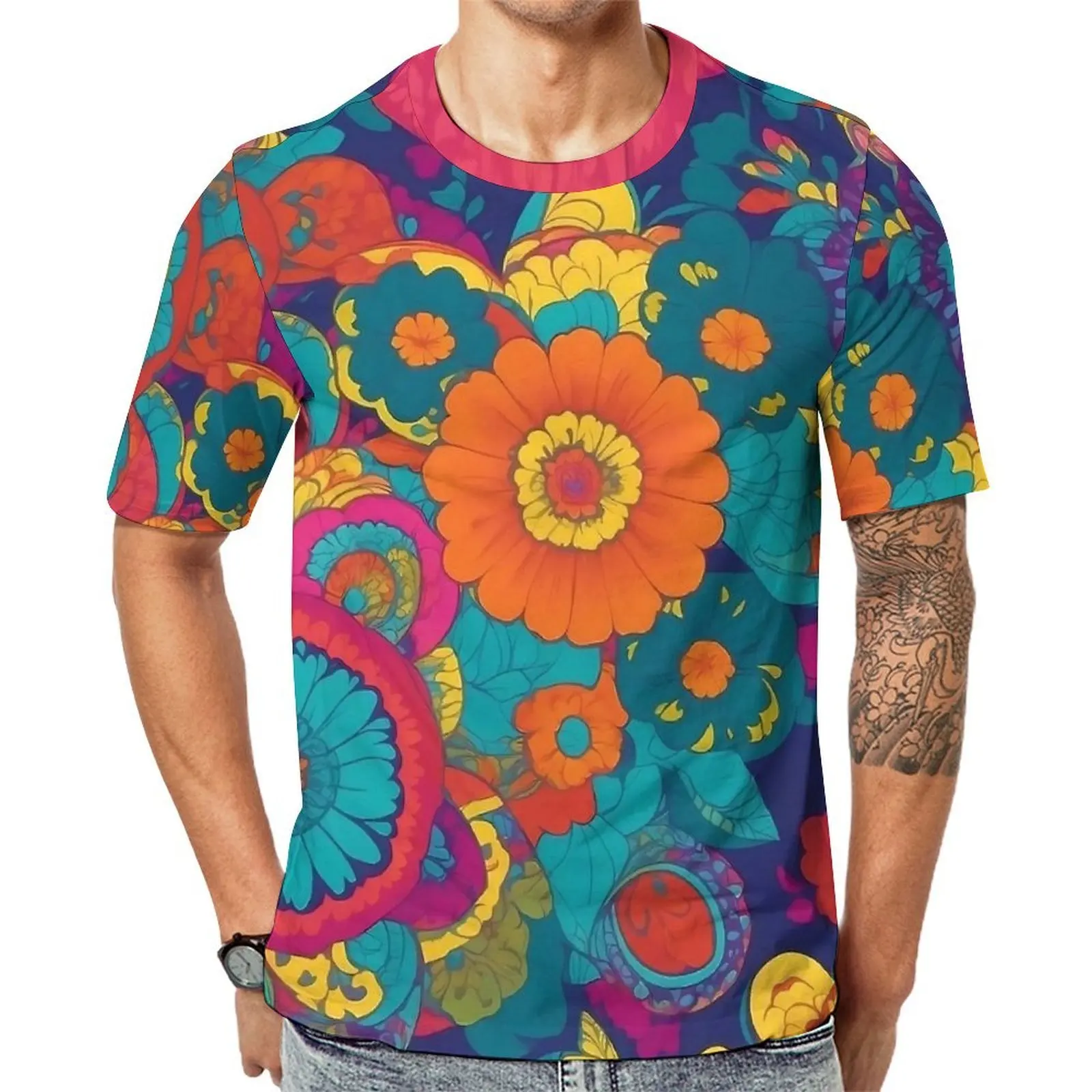 Flower Power T Shirt Colourful Floral Fashion T-Shirts Man Y2K Casual Tee Shirt Summer Short-Sleeve Graphic Clothes Big Size