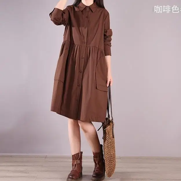 New Pure Cotton A-line Solid Color Single Breasted Pleated Multi Size Mid Length Shirt Dress for Women