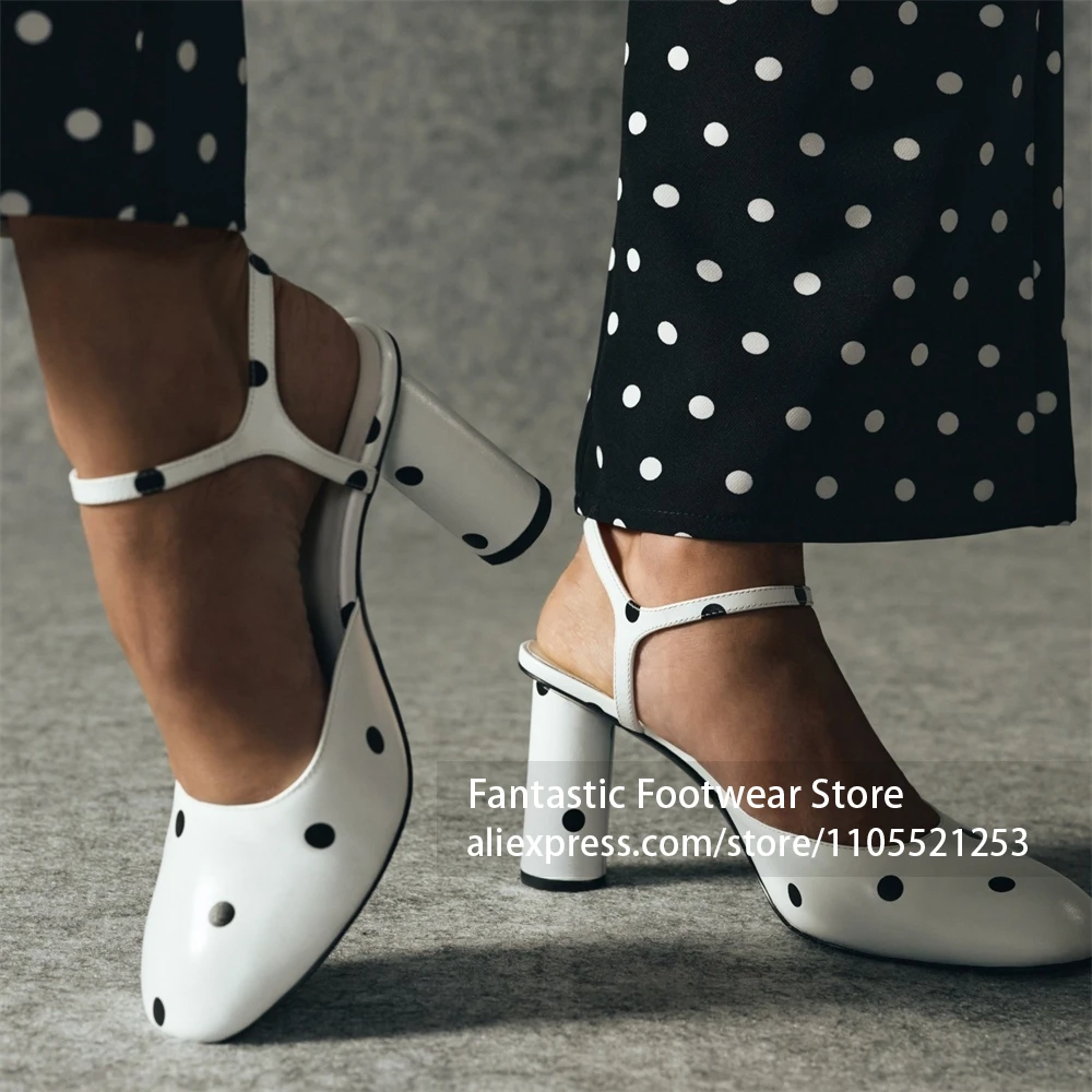 Polka Dot Print Ankle Strap Sandals Cylindrical Heels Slingback Summer Shoes Cute Round Toe Handmade Shoes for Women Customized
