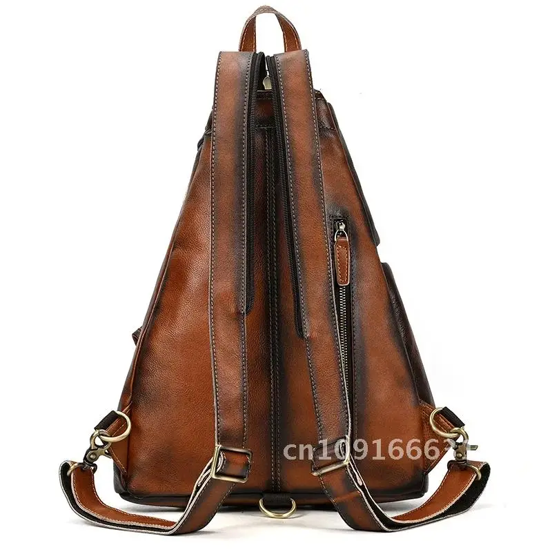 New Fashion Men's Leather Single Shoulder Backpack Real Cowskin Chest Bag Crossbody Bag Backpacks For Man Male Anti Theft Men