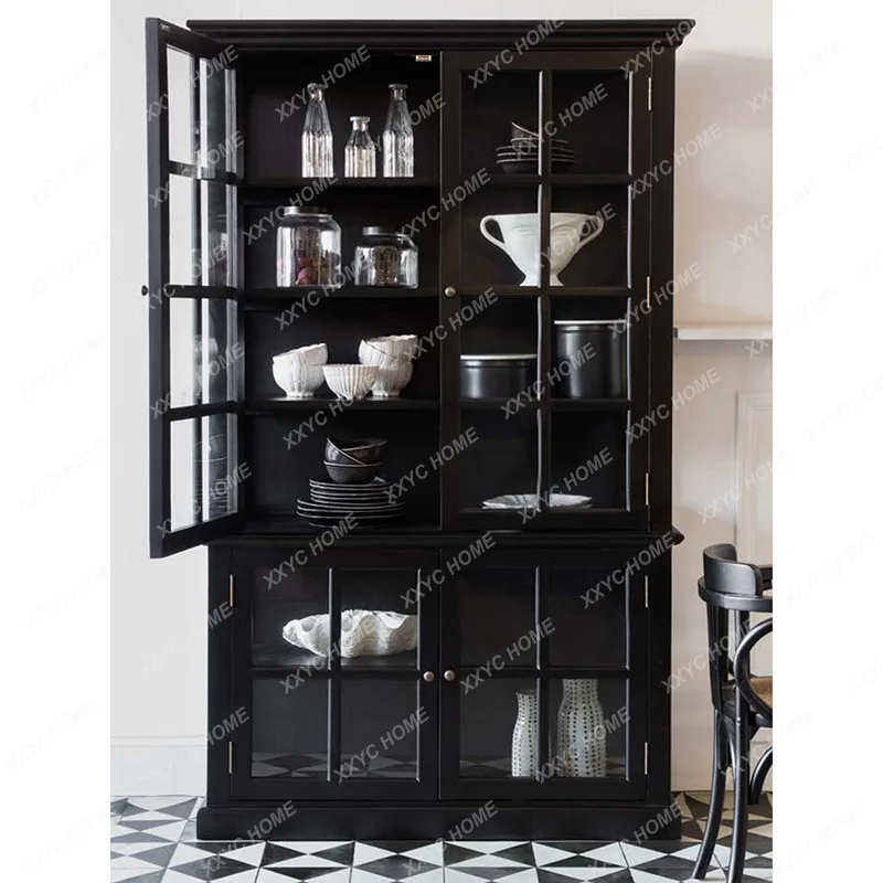 XX Style Solid Wood Bookcase Wine Cabinet  Vintage Arched Storage Mid-century Side Cabinet Black Glass