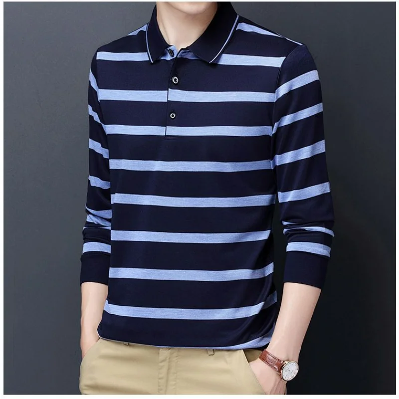 Fashion Men Clothing Long Sleeve Striped Polo Shirts Spring Autumn Business Casual Streetwear Korean New Loose Versatile Tops