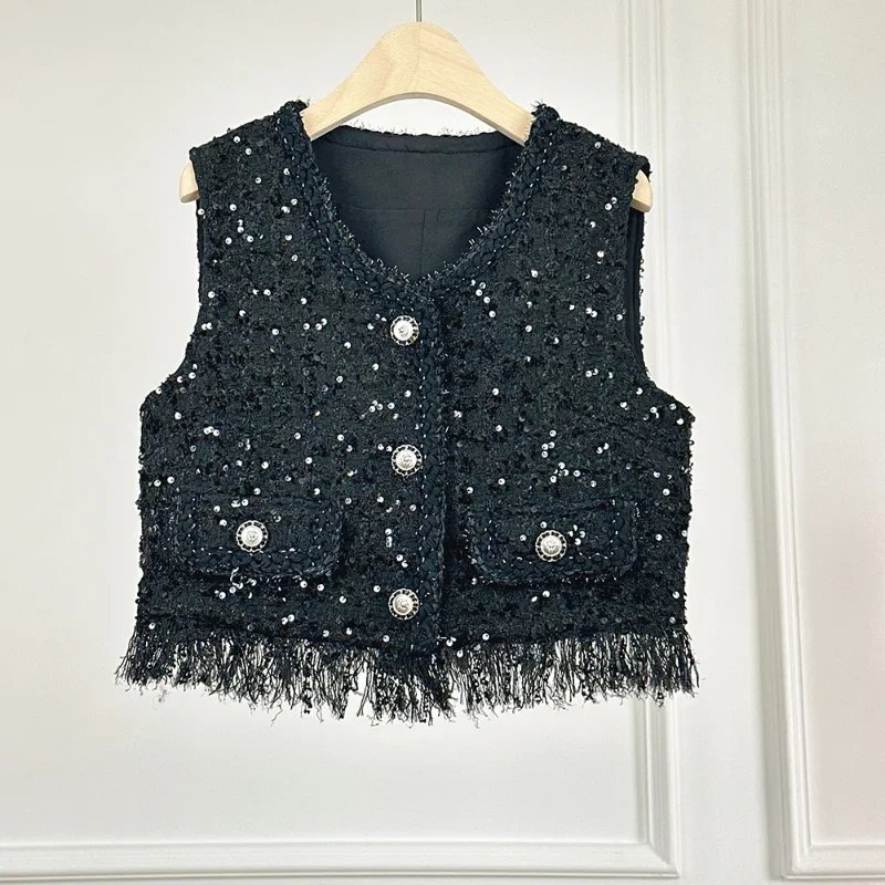 

High Quality Round Neck Small Fragrance Tassel Vest Women Sequin Fashion Casual Blue Black Tweed Sleeveless Vest Lady Jacket