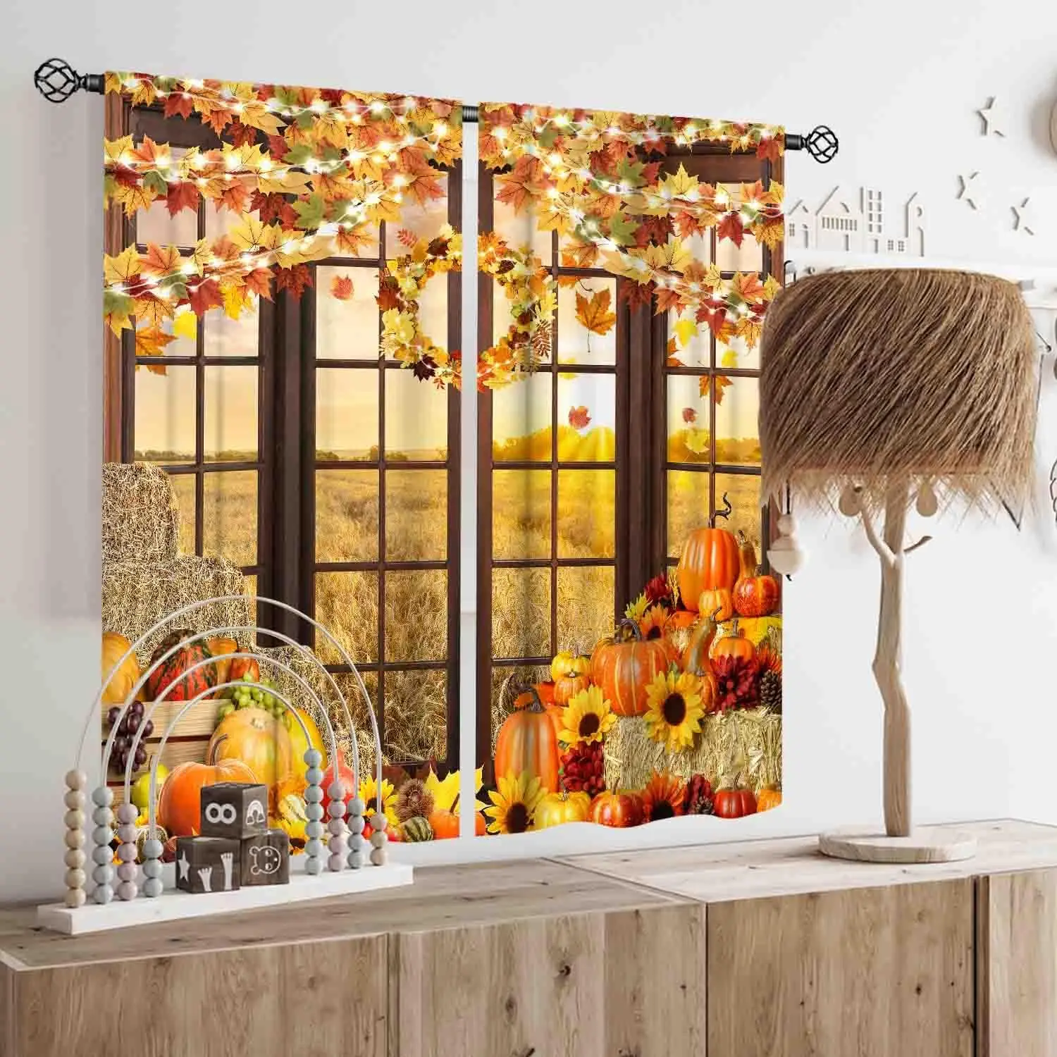 Autumn Curtains, Farmhouse Thanksgiving Fall Pumpkin Maple Leaves Sunflower Rustic Country Harvest Blackout Window Drapery for