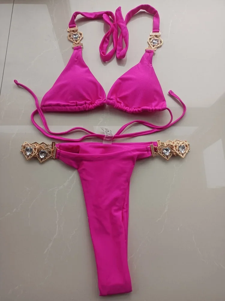

Sexy Crystal Diamond Bikini 2025 Women Swimsuit Luxury Hot Pink Rhinestone Push Up Micro Swimwear Bather Holiday Bathing Suits