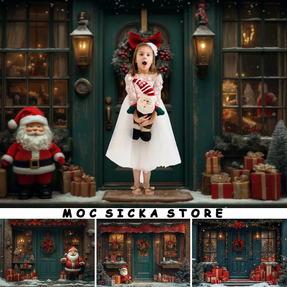 

Mocsicka Christmas Vintage Blue Door Backdrops for Photography Window Winter Snow Santa Claus Boy Girl Portrait Photo Background