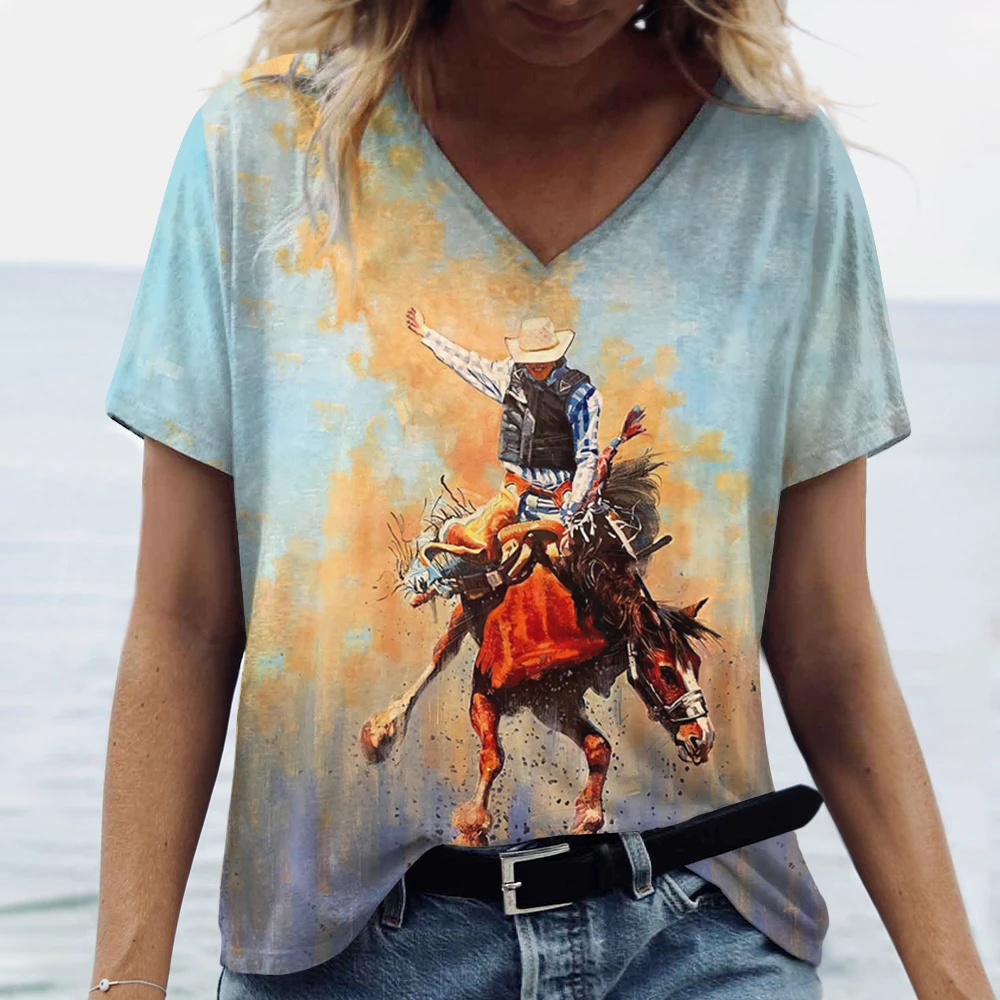 2024 New Western Cowgirl Print Women's T-shirts Plus Size V-Neck Top Female Blouse Summer Female Shirt Women's Clothing