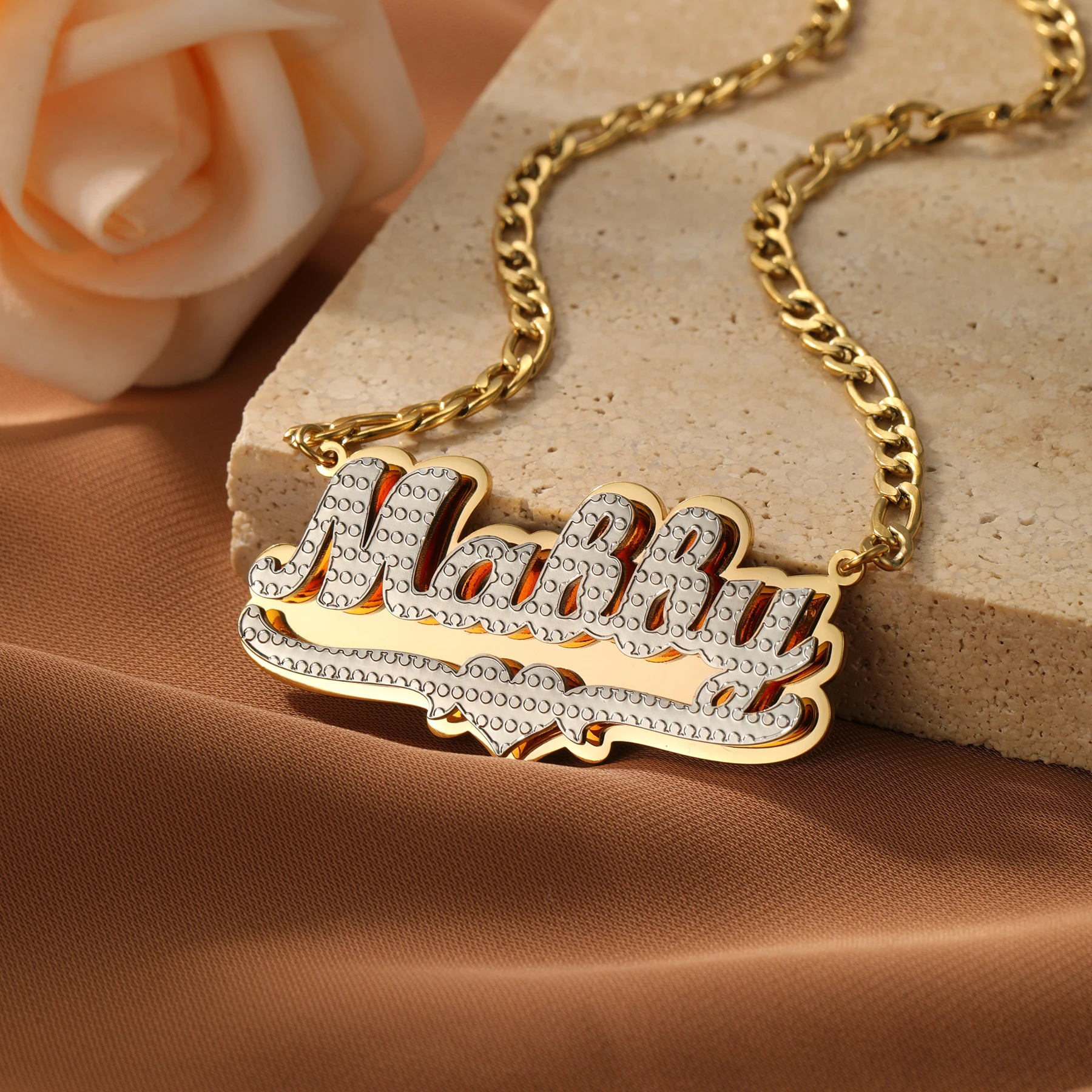 3D Custom Nameplate Necklace 18K Gold Plated Double Layer Two Tone Personalized Name Necklaces With Heart Figaro Chain For Women