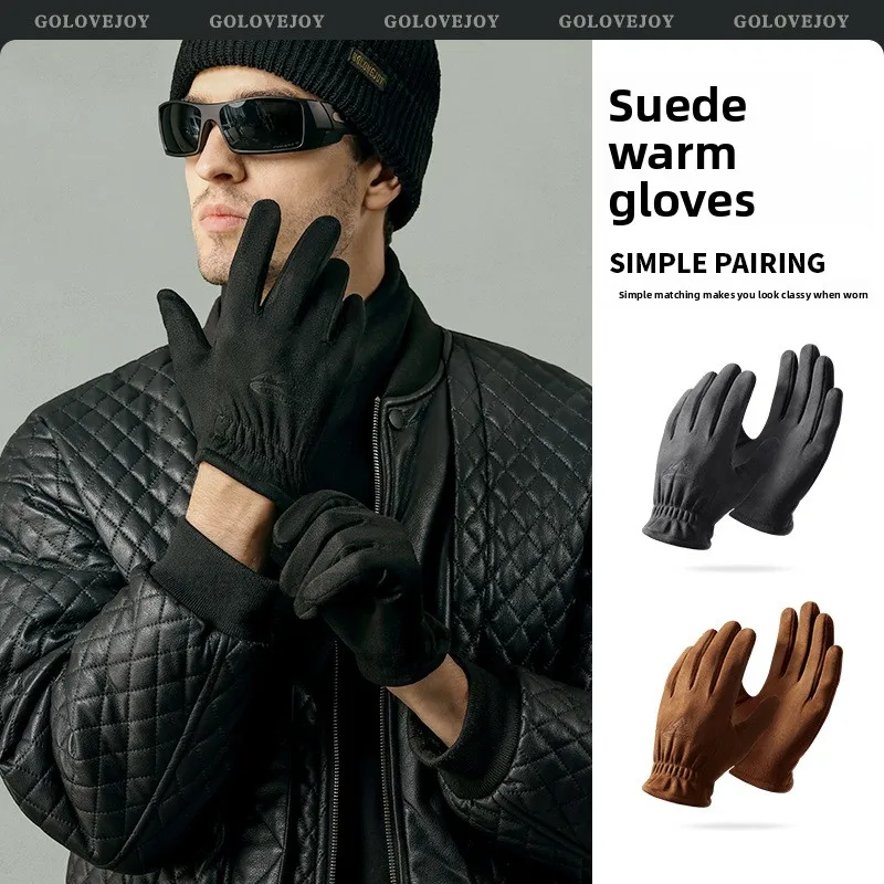 European Style Mens Suede Gloves Fleece Lined Windproof Touchscreen Warm Cycling Gloves Autumn Winter Riding Daily Commuting