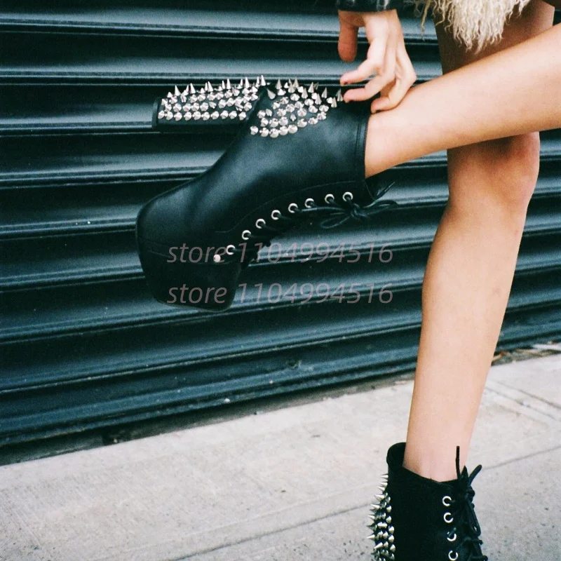 

Rivet Platform Lace Up Ankle Boots Women Cross Tied Leather Chunky Heels Punk Fashion Pumps Sexy Party Club Catwalk Ladies Shoes