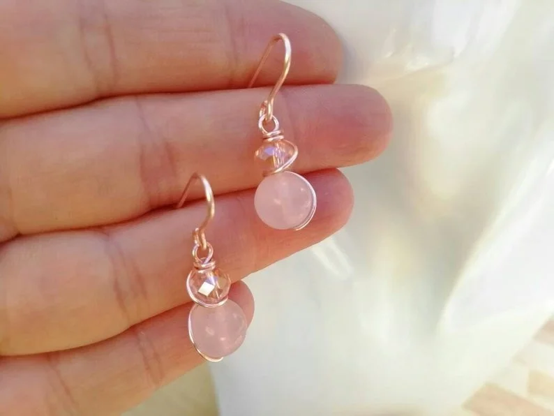 Rose Quartz Earrings *Rose Gold, Silver, Gold* Wire Wrapped, Bead Earrings, Gemstone Drop, Anxiety Earrings, Mermaid Jewellery