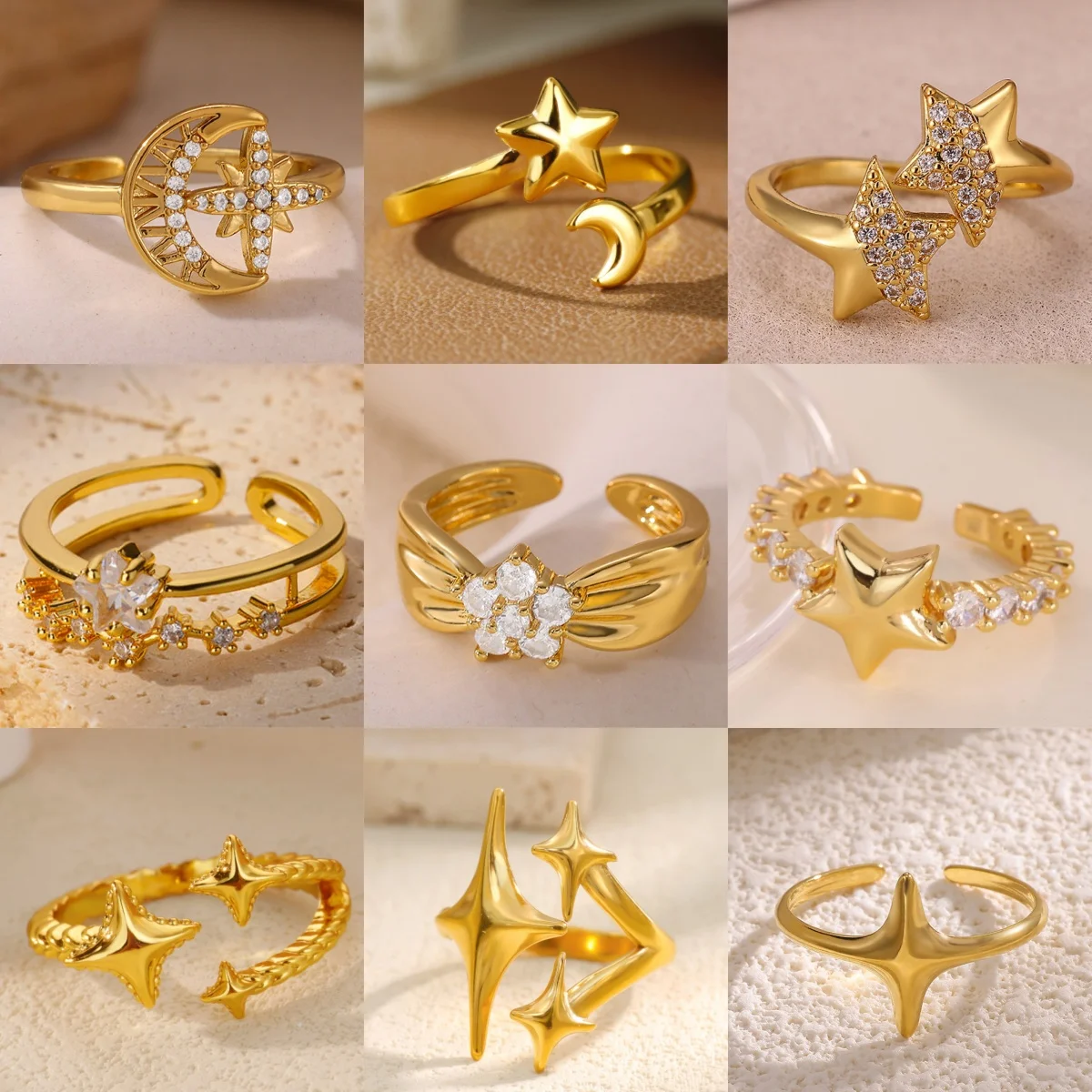 エレガントなスターキュービックジルコニアリング女性用 18 K ゴールドメッキ幾何学的な甘いホリデージュエリーヴィンテージリングギフト送料無料 1