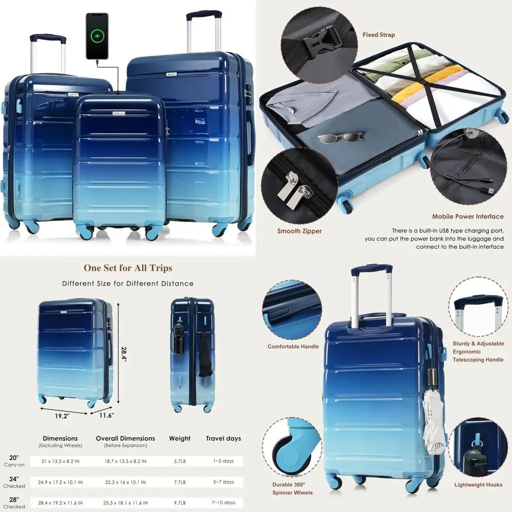 

three-piece hardshell spinner luggage set with navy stripe, 20/24/28 inch