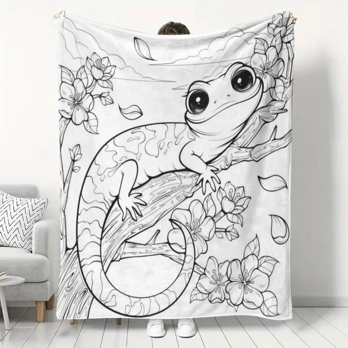 Giant Cute Lizard Nature Sketch Throw Blanket Doodle Art Woodland Animal Print Cozy Fleece Throw for Home Decor Gift