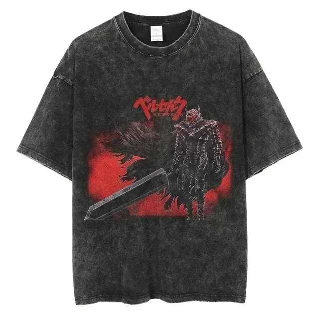 Berserk Print T Shirt Men Vintage Washed T-Shirt Anime Guts Graphic Tshirt Hiphop Streetwear Tees Summer Casual Berserk Clothes