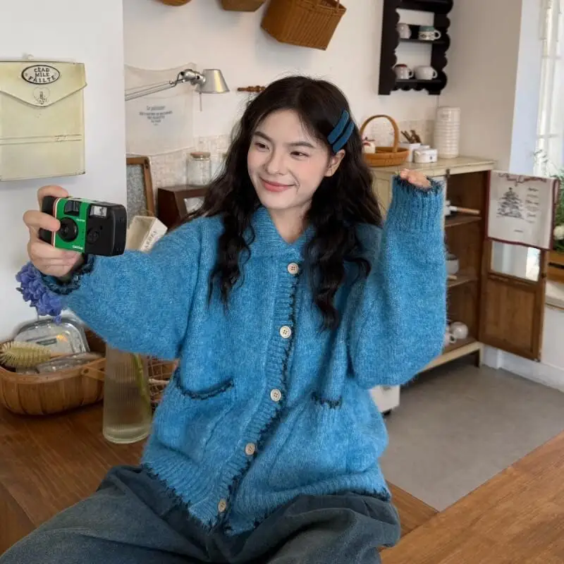 

Korean Style Cardigan Coat Knitted Women Spring Autumn Fluffy Blue Lapel Loose Single Row Button Trendy Soft Cotton Knit Sweater