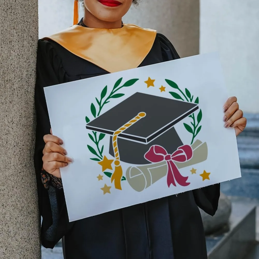 Graduation Hat Stencil 11.8×11.8inch Large Graduation Cap Diploma Drawing Stencil with Paint Brush Graduation Theme making kit