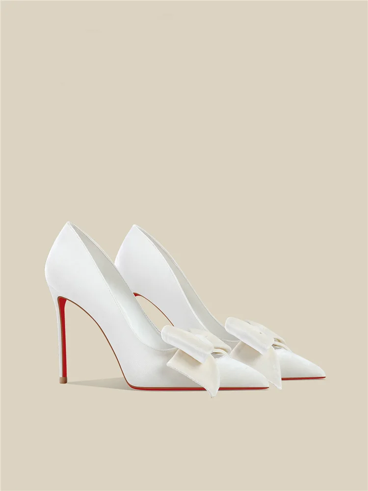 Spring new pointed shallow mouth suede beige bow red sole high heels banquet dress slim heels women's shoes wedding shoes