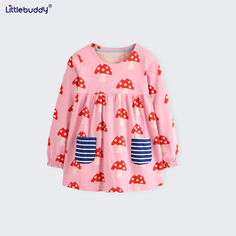 فستان LittlebuddyAutumn للأطفال بجيب مطبوع عليه رسوم كرتونية فستان الأميرة بأكمام طويلة