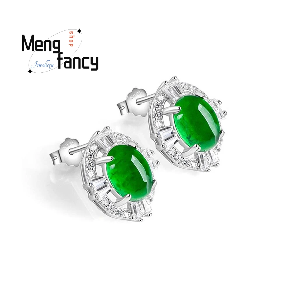 Natural A-goods Jadeite Oval Egg Surface Sunny Green Earrings Ice Jade Fashion S925 Silver Inlaid High-grade Luxury Fine Jewelry