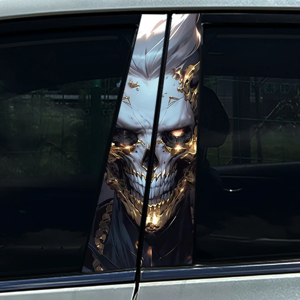 

2 шт. Золотые механические наклейки-черепа на B-стойку автомобиля, в стиле аниме, роскошные водонепроницаемые виниловые наклейки для средней колонны авто, персонализированный декор