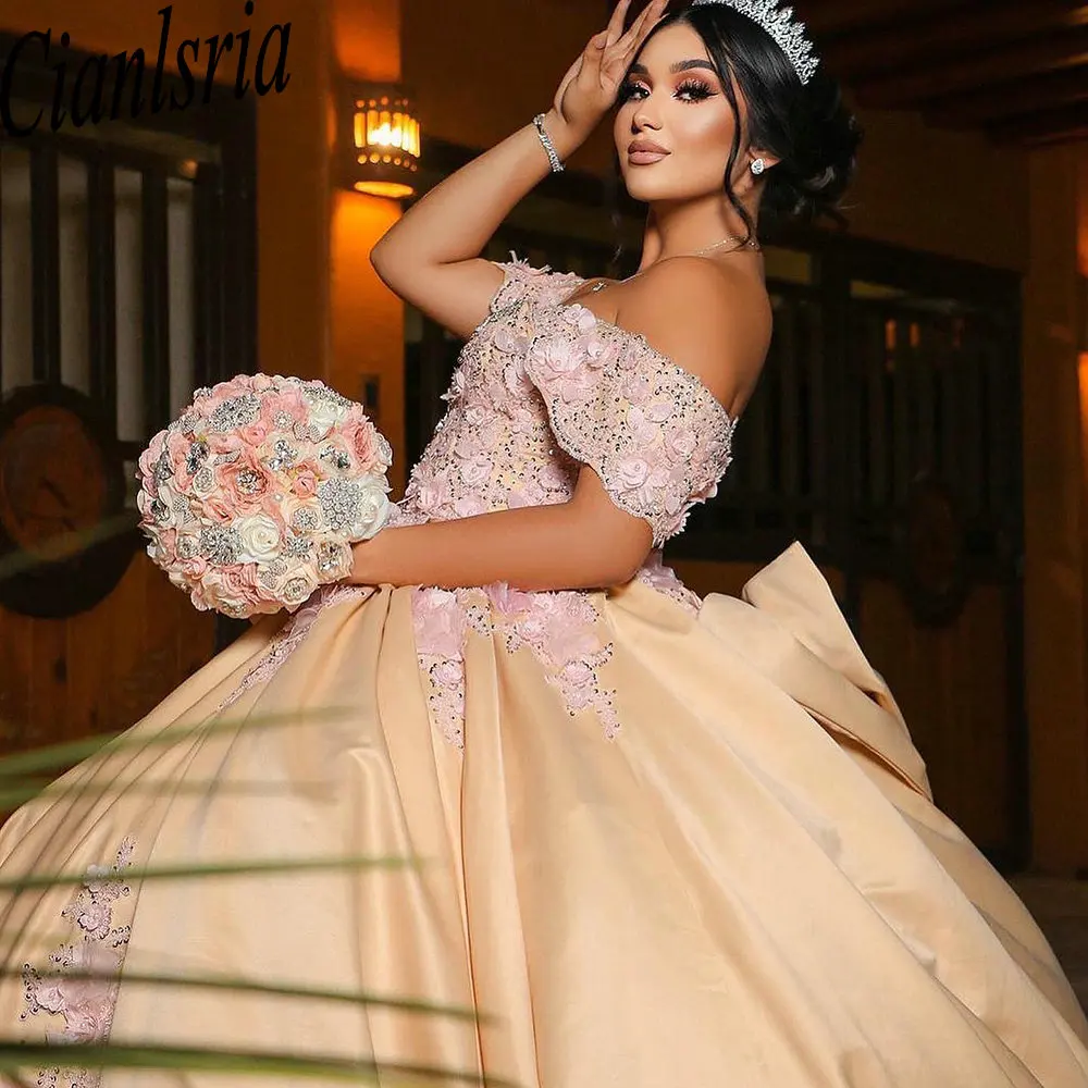 Champagne Off The Shoulder Beading Ball Gown Quinceanera Dresses With Pink Appliques Lace Corset Vestidos De 15 Años