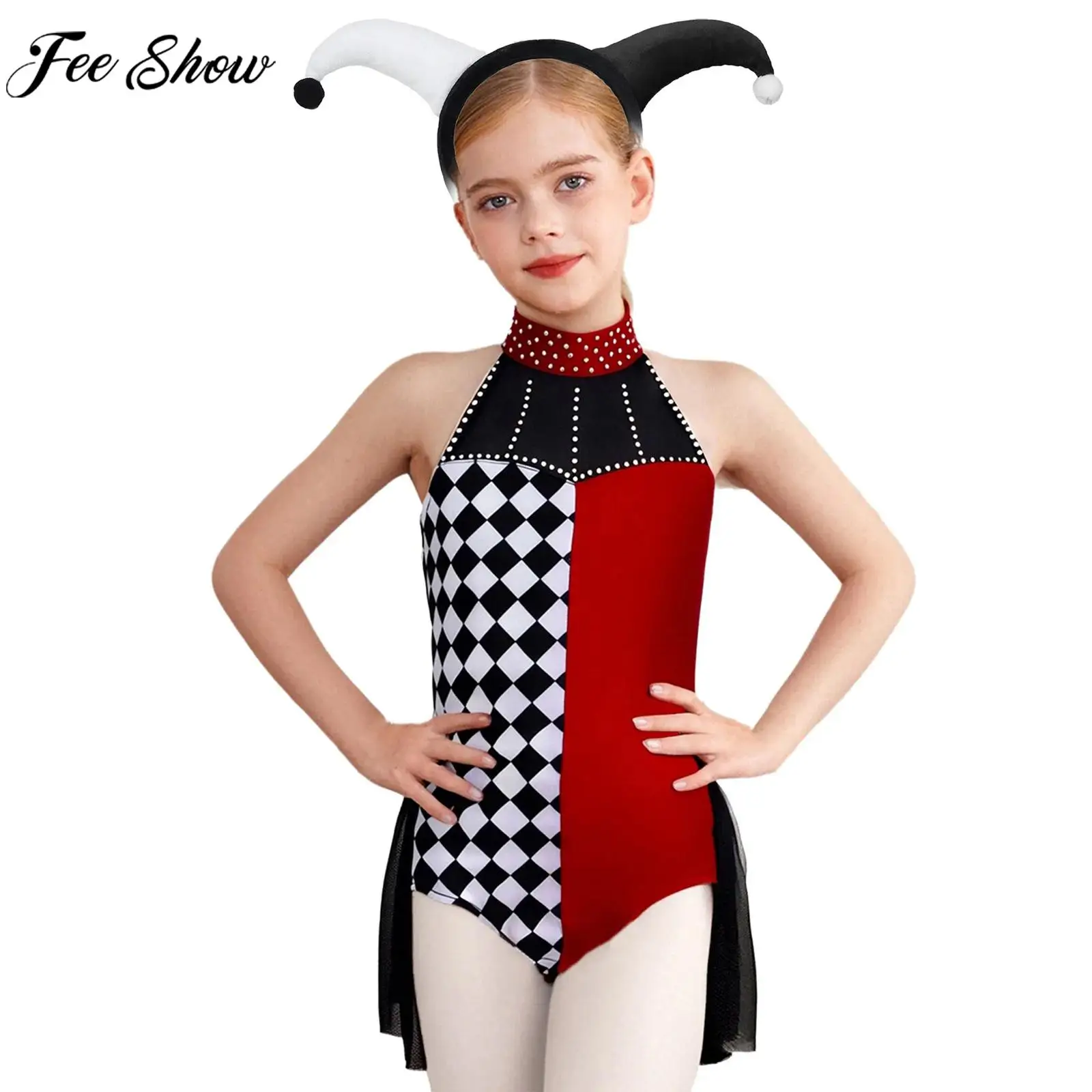 

Костюм циркового клоуна для девочек на Хэллоуин, сетчатое боди без рукавов со стразами, платье с головным убором для карнавальной тематической вечеринки