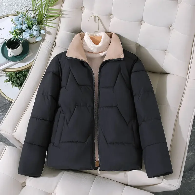 2023 Puffer Jacket Women Winter Cotton-padded Jacket Parkas Warm Long Sleeve Solid Color Short Coat Thickened Outerwear