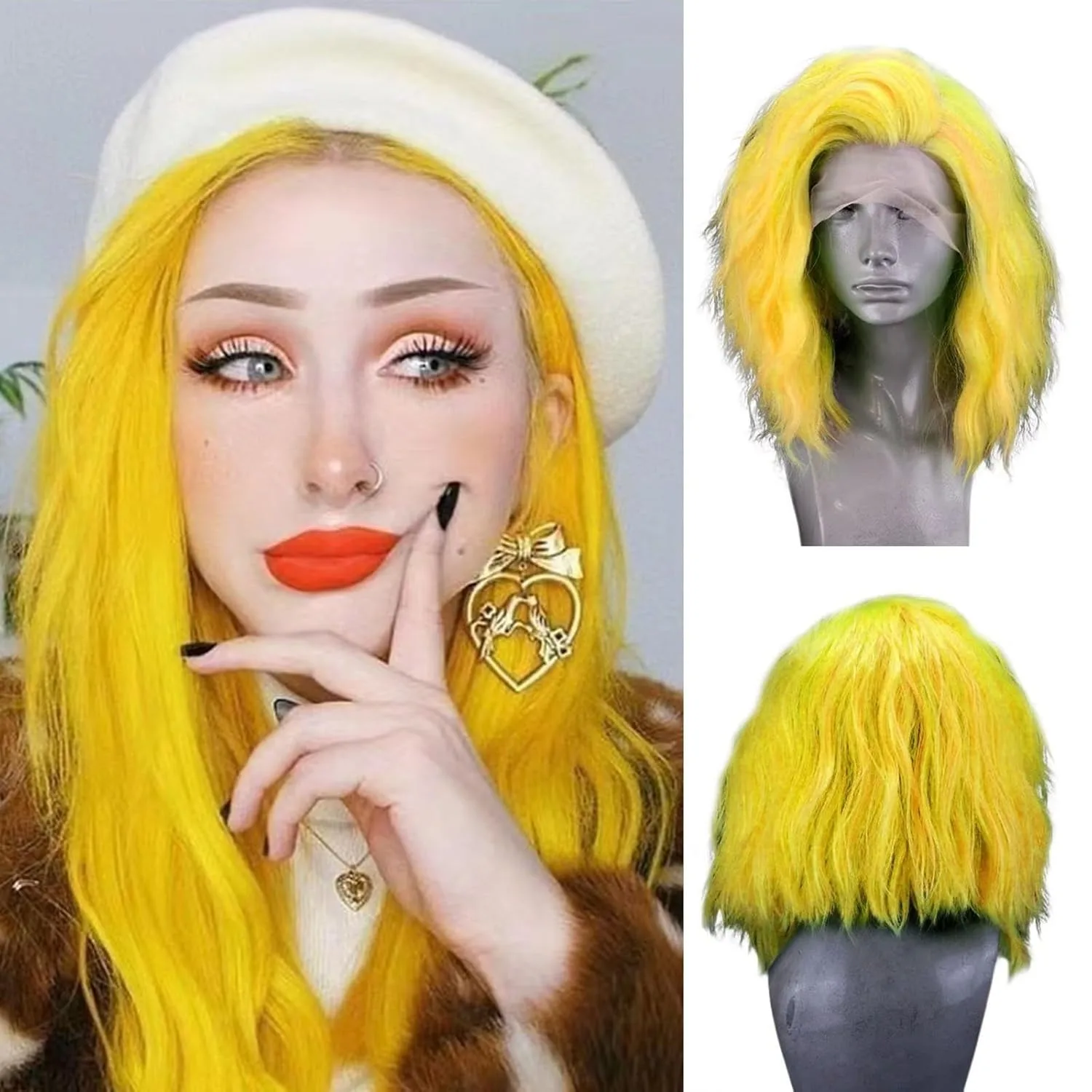 Yellow Wig Short Bob Hair Loose Wave Lace Front Wig 13X4 HD Synthetic And Blend Free Part Glueless Heat Resistant Daily Cosplay