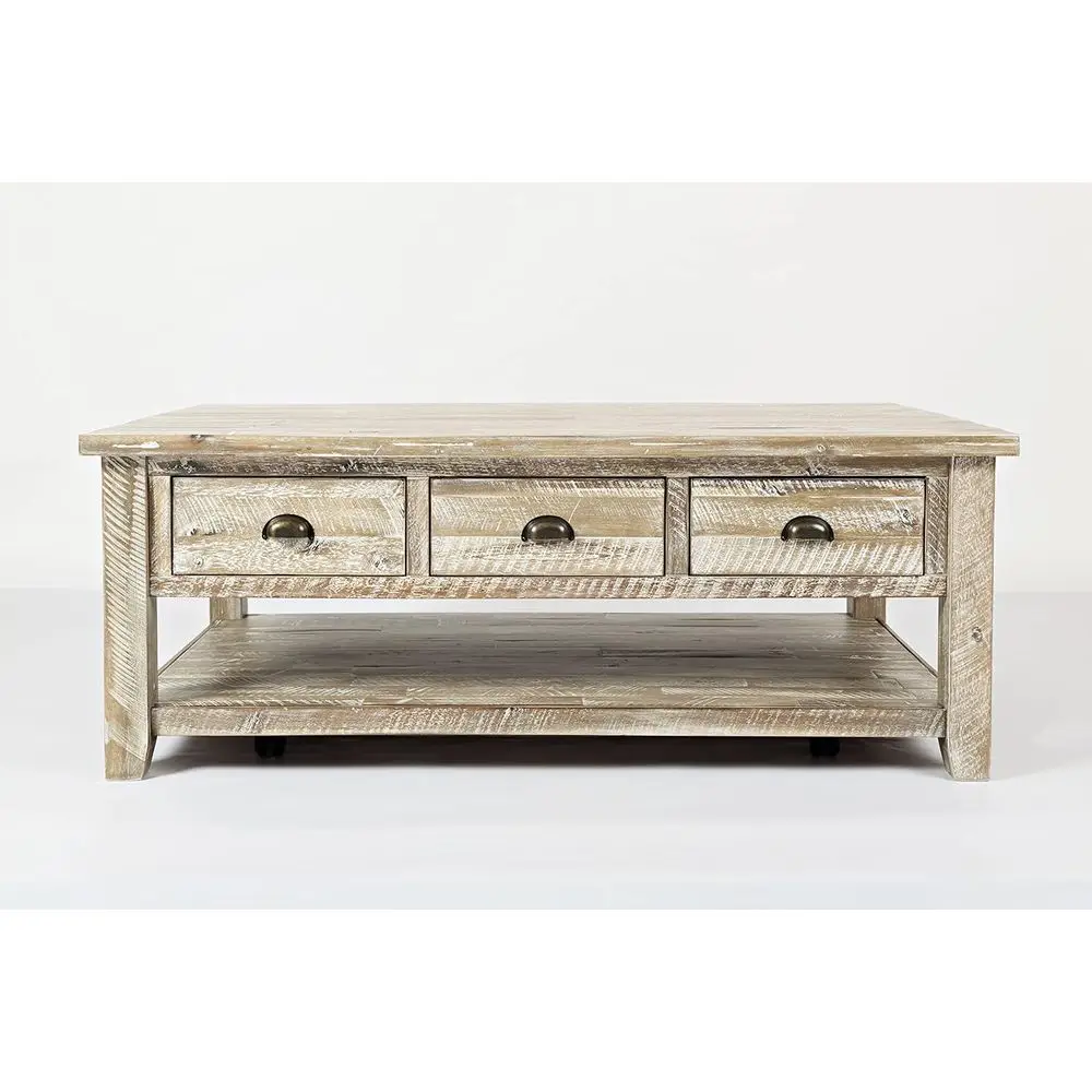 Rustic Grey Solid Wood Coffee Table with 3 Drawers for Living Room Accent