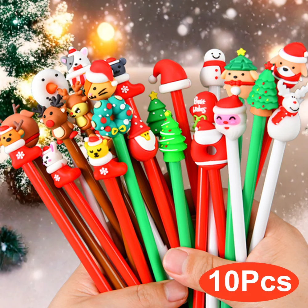 

10Pcs Christmas Gel Ink Pens Random Style Xmas Cartoon Black Pens with Santa Snowman Tree Design for Students School Party Favor