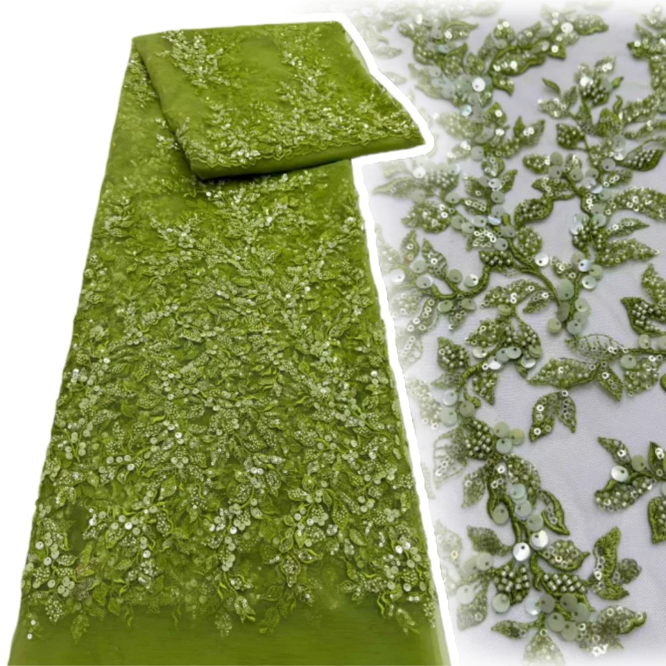 Tessuto di pizzo africano con paillettes all'ingrosso Ricamo francese di alta qualità di lusso con perline pesanti da sposa in pizzo da sposa 5 metri CC1742
