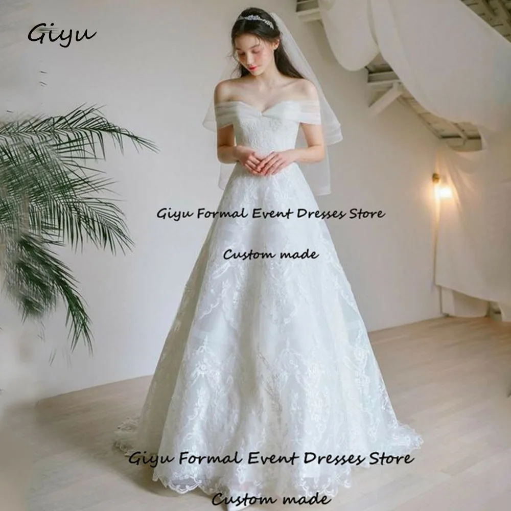 Giyu Fairy Lace Followers Korea Wedding Dress Photoshoot Off The Shoulder Floor-length Vestidos Novias Boda Bridal Gown 웨딩드레스