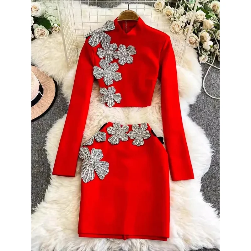 

New Fashion Diamond Flower Two-piece Set Women's 2025 Autumn New Stand Collar Long Sleeves Tops With Short Slirt Women's
