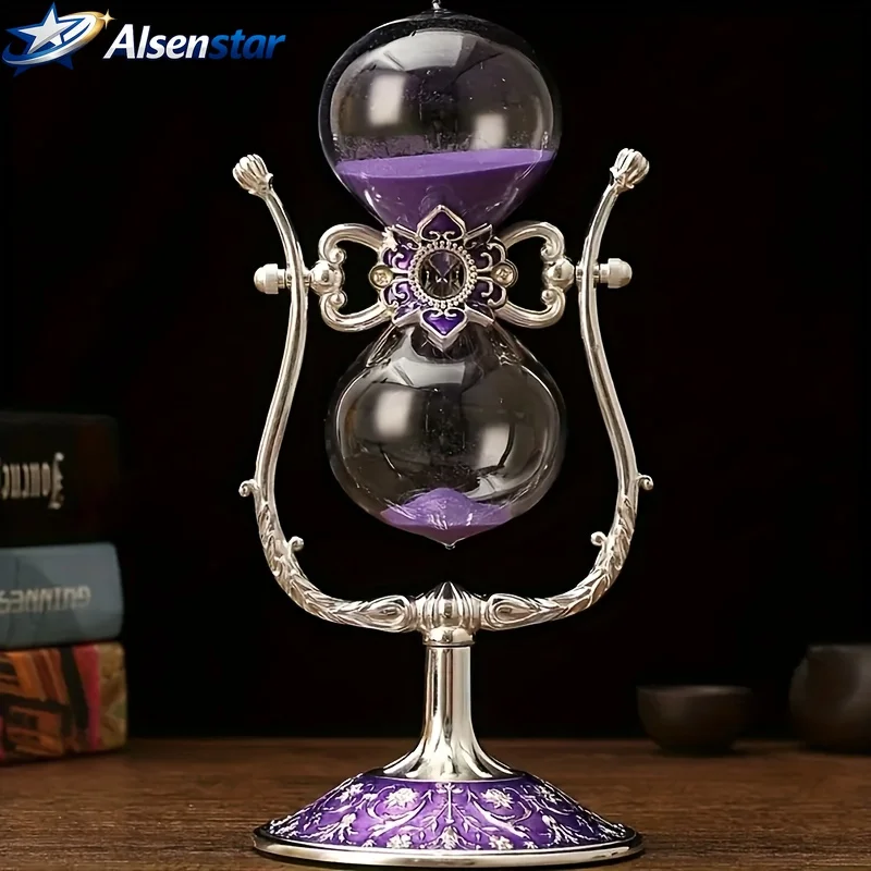 Elegant Vintage Glass U-Shaped Hourglass Non-Electric Battery-Free Timer with Metal Stand for Office Study Desk Decor