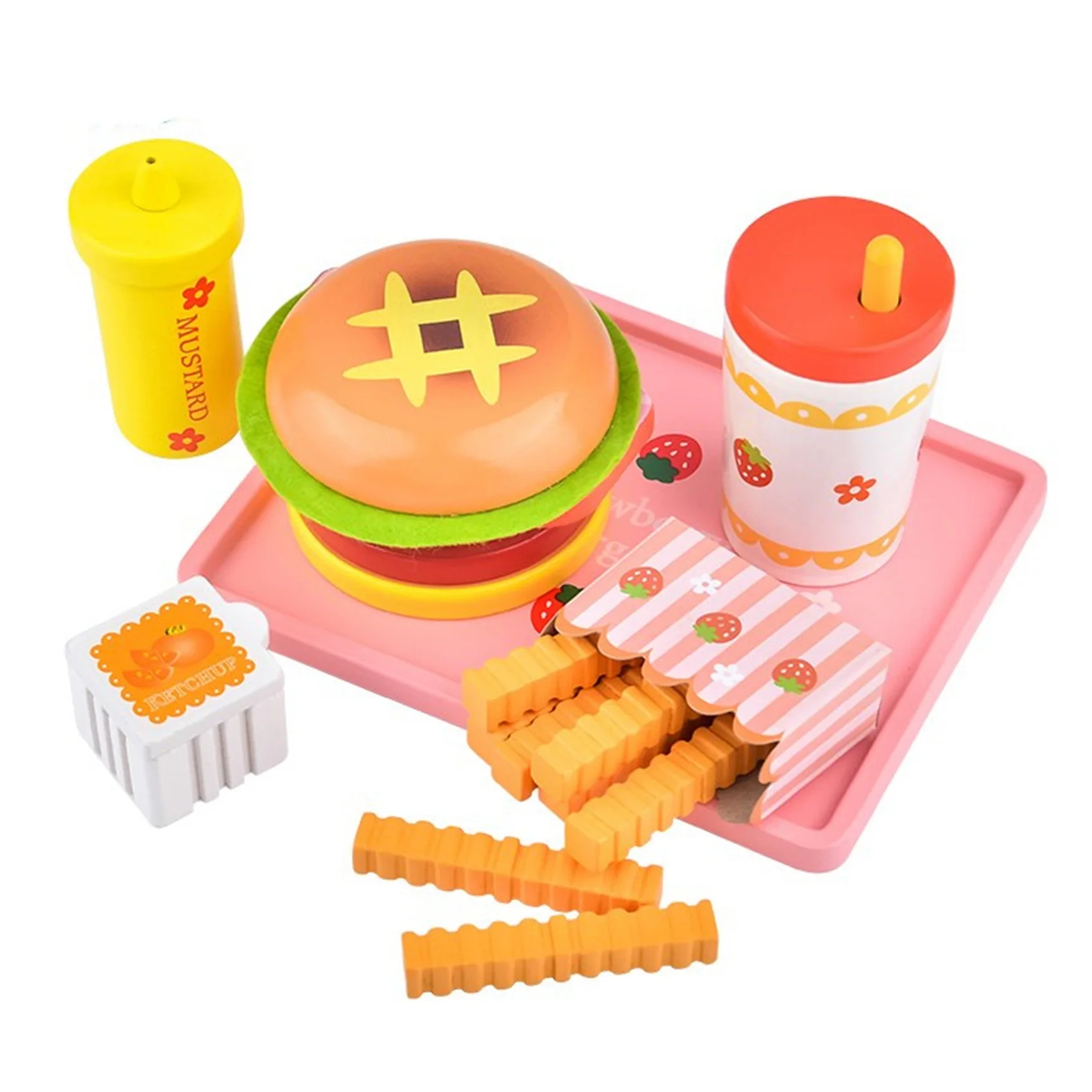 ห้องครัวไม้จําลองสตรอเบอร์รี่แฮมเบอร์เกอร์ชุดของเล่นอาหาร Pretend Playset-French Fries