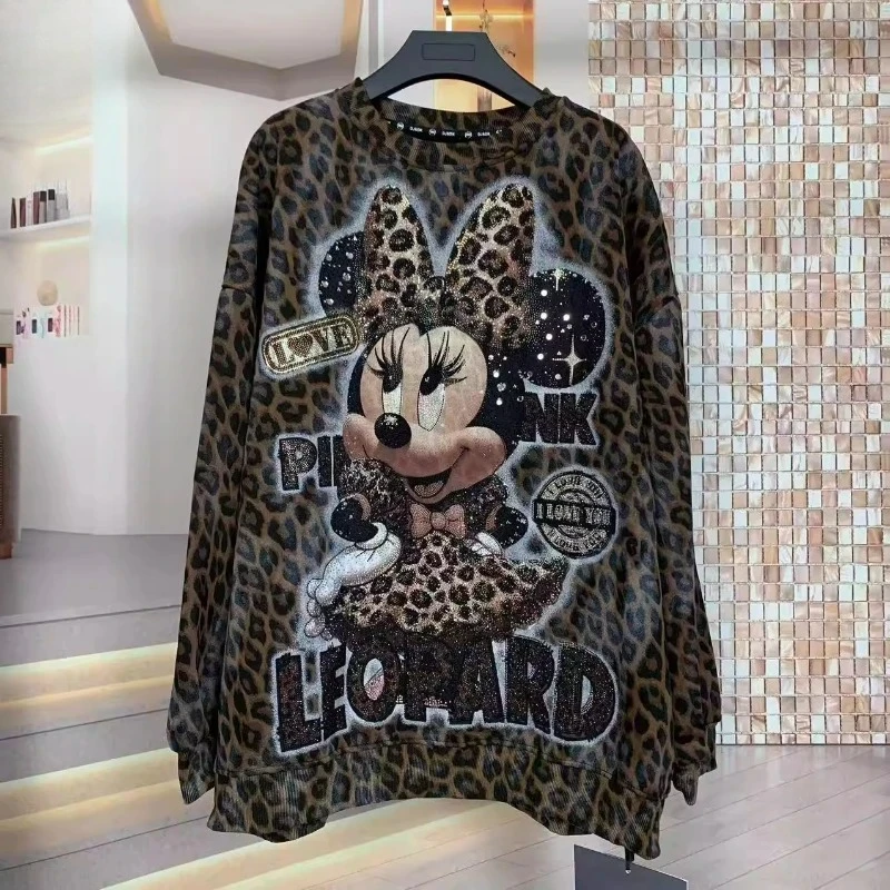 

Disney Glittering Rhinestone Hoodie | Women's Plush Leopard Print Pullover | Fashion Winter Top