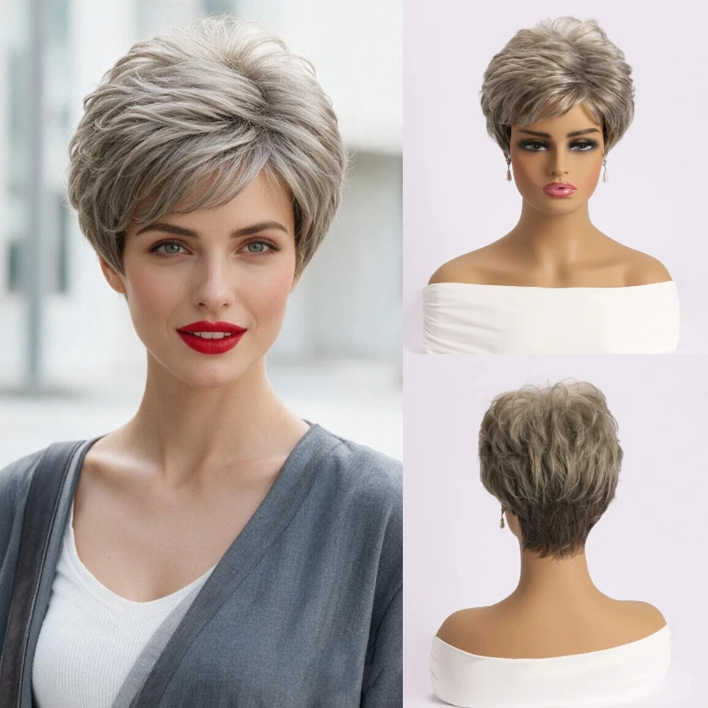 女性用合成ウィッグ-ショート-ライトゴールド-ミックスブラウン-ピクシーカットウィッグ-カジュアル-デイリー-ママ用-フェイクヘア